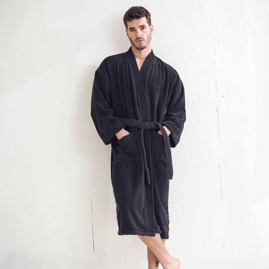 Men's Terry Cloth Bathrobe, Kimono Style, Luxury & Comfortable Terry Cotton Robe , (Black)